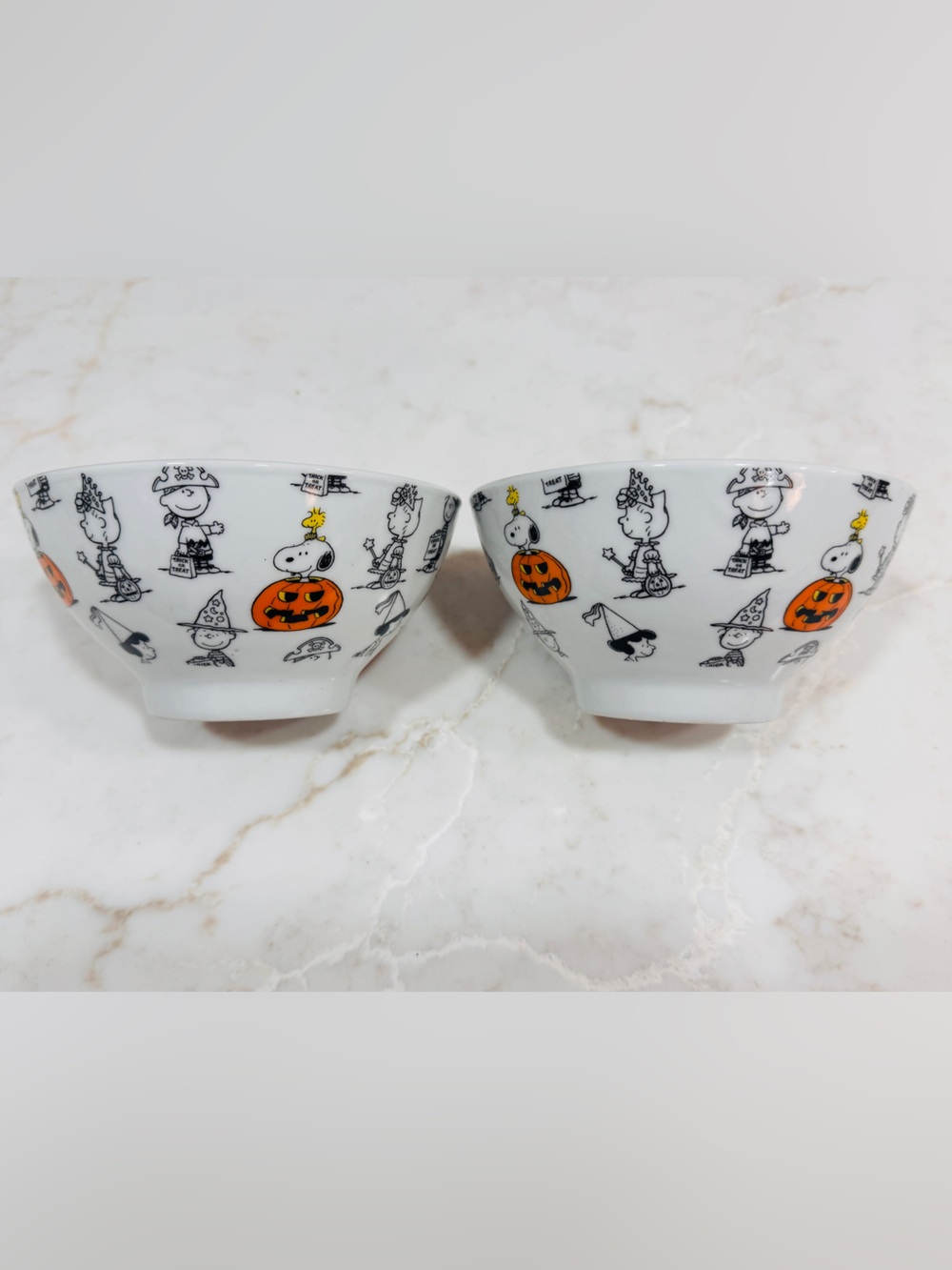 Peanuts Snoopy/Charlie Brown White Ceramic Bowls with Orange Pumpkin Accents